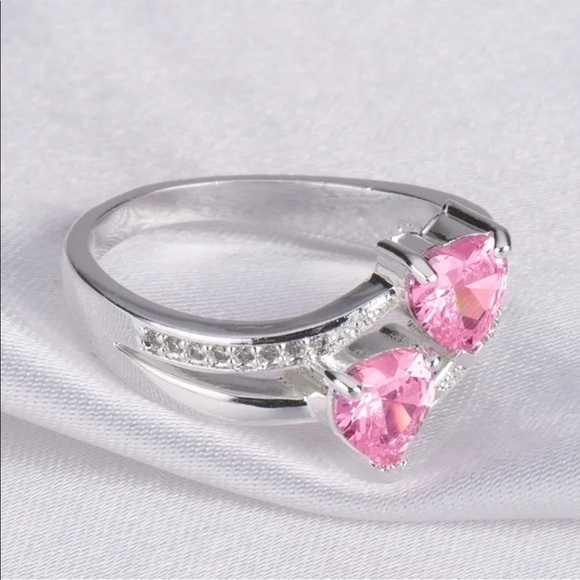 New Two Hearts 925 Silver Beautiful Pink Sapphire Ring - Picture 4 of 5